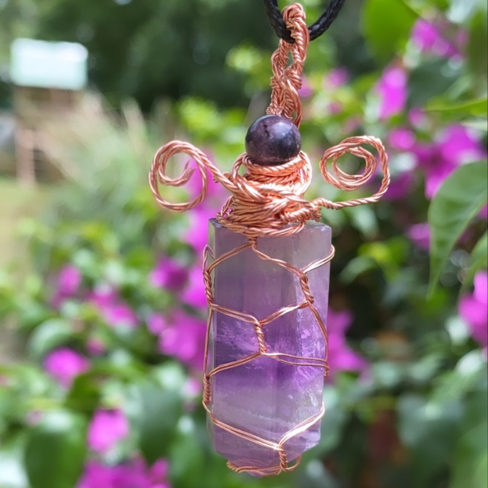 Rainbow Fluorite pendant with Amethyst bead detail